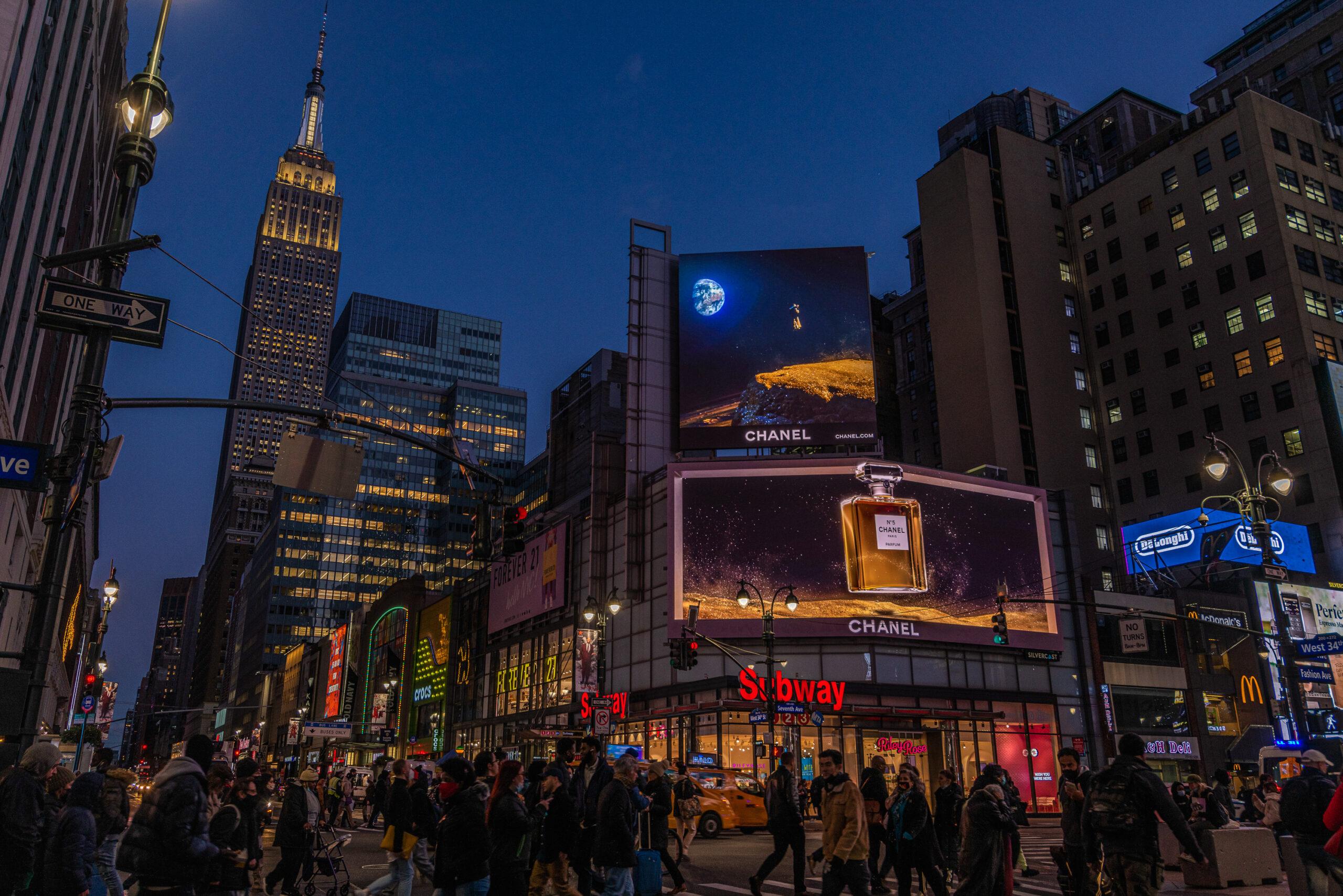Chanel advertising displayed on the Penn District Digital Gateway near Penn Station in Manhattan