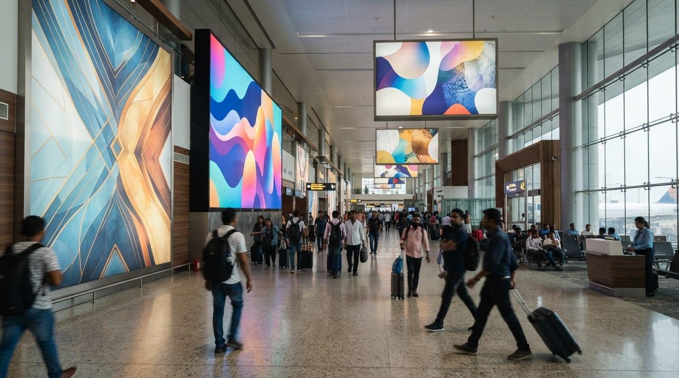 Backlit advertising panels inside a modern airport terminal