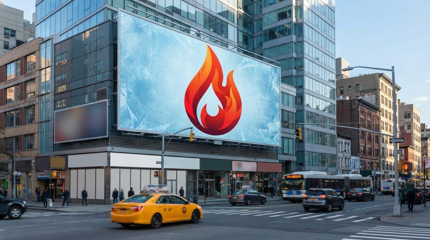 A large-format printed billboard carrying bold abstract artwork above a city street