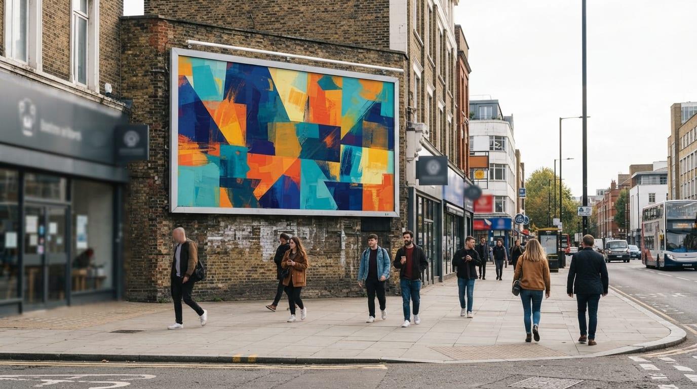 A large printed poster billboard carrying bold artwork on a city wall