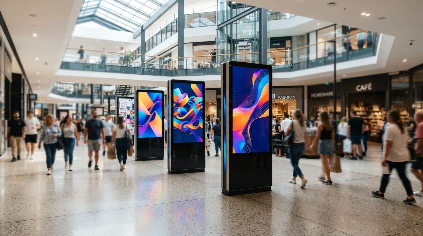 Digital advertising screens inside a bright shopping mall concourse