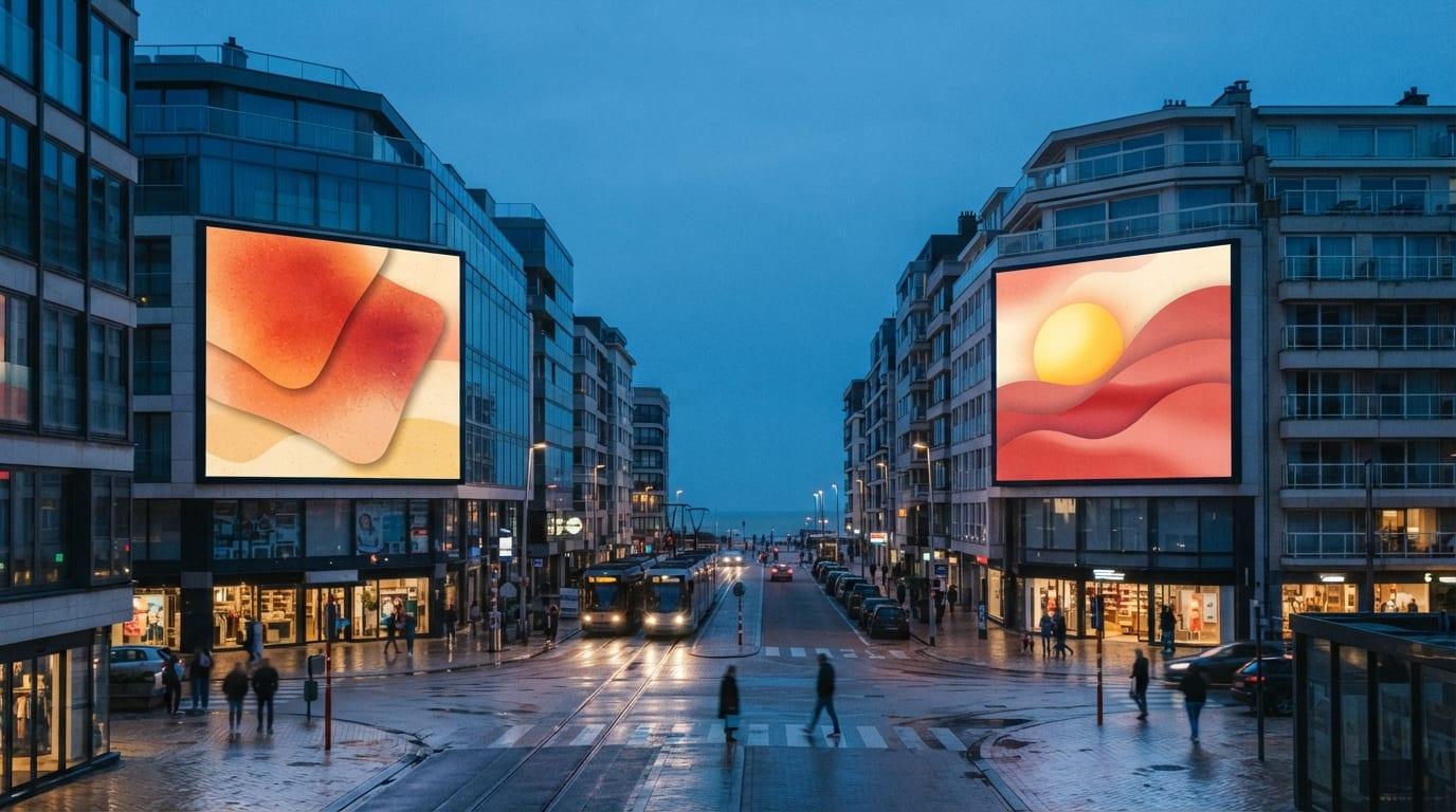 Premium digital billboards in a city environment at blue hour