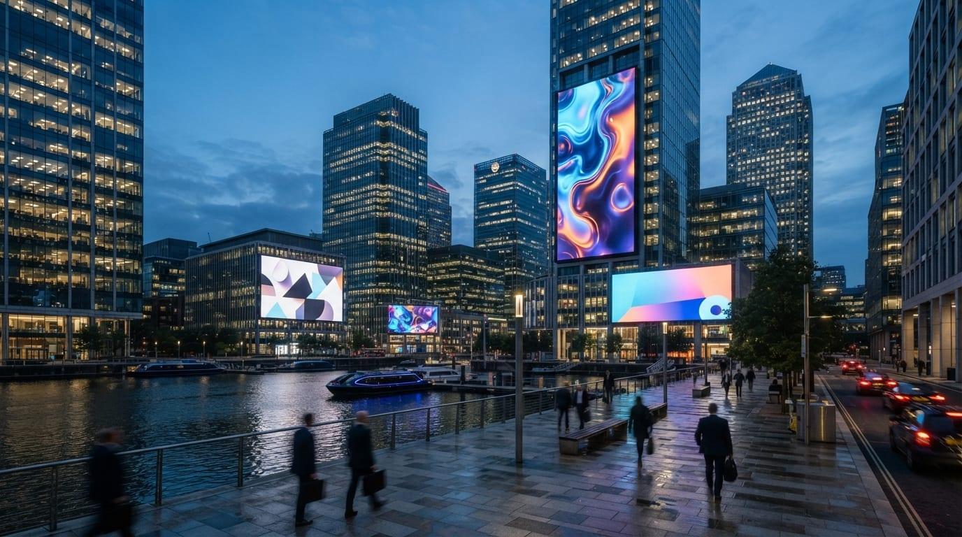 Premium digital billboards in a city environment at blue hour