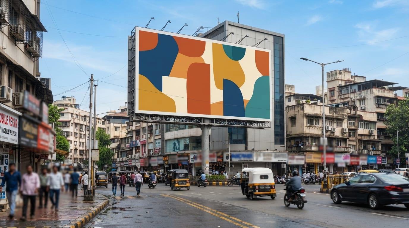 A large-format printed billboard carrying bold abstract artwork above a city street