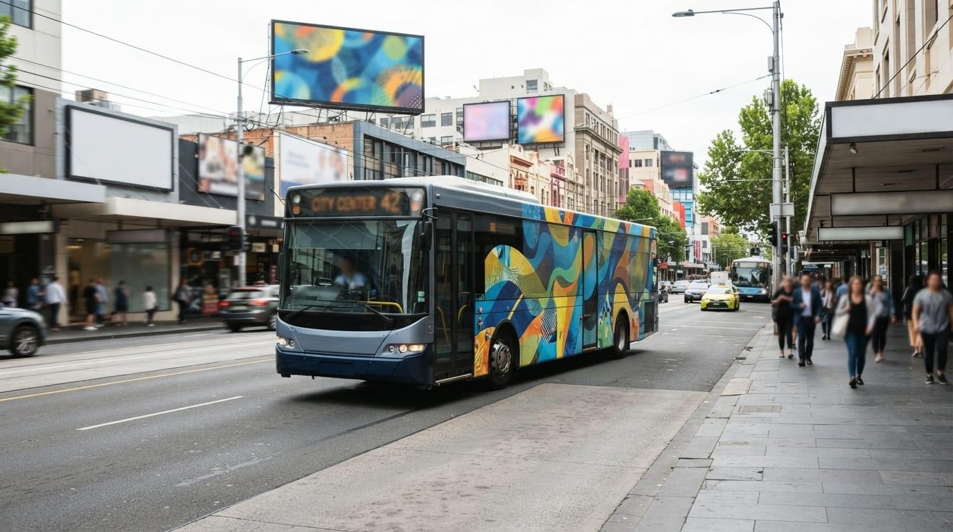 A city bus carrying a full-side advertising wrap on a busy street