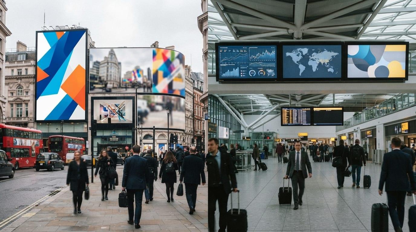 Urban outdoor advertising screens representing Clear Channel Outdoor’s second-quarter performance and portfolio reshaping