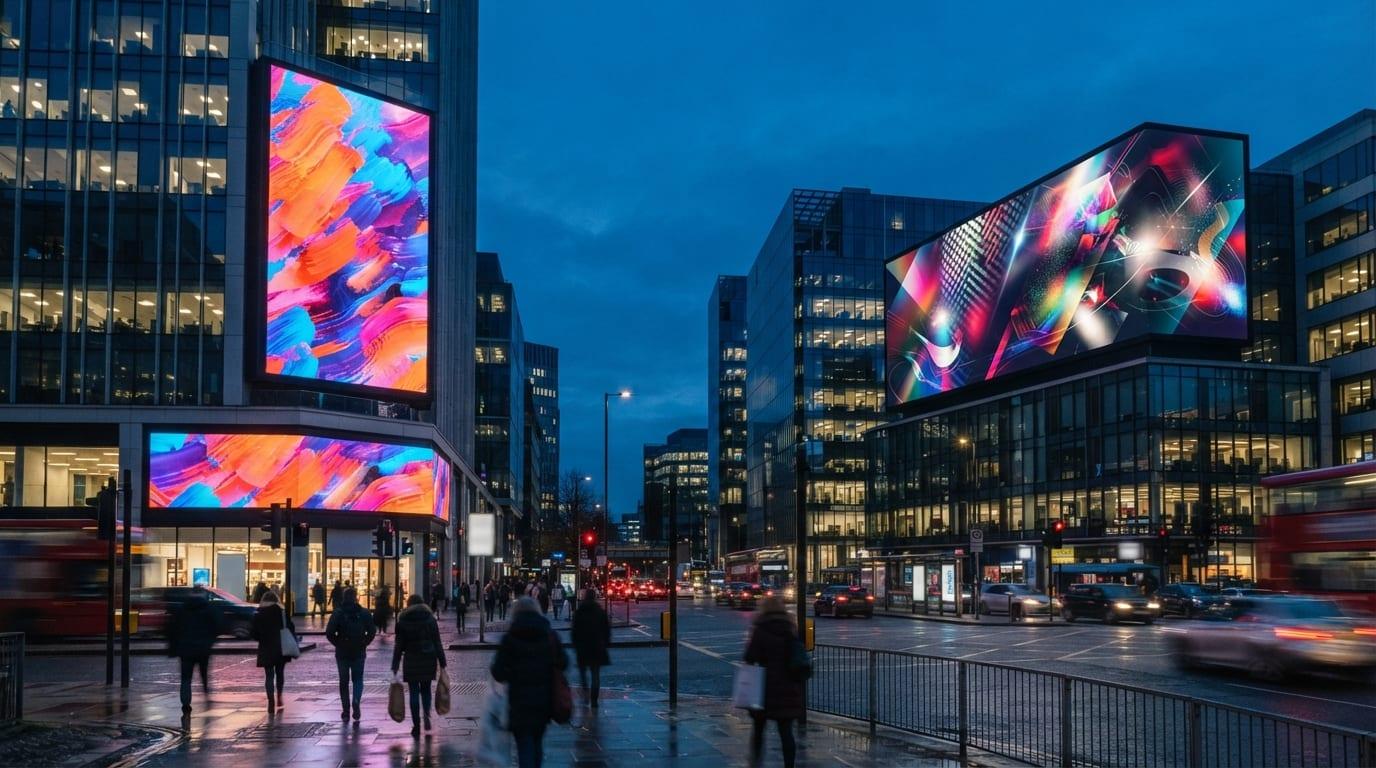 Premium digital billboards in a city environment at blue hour