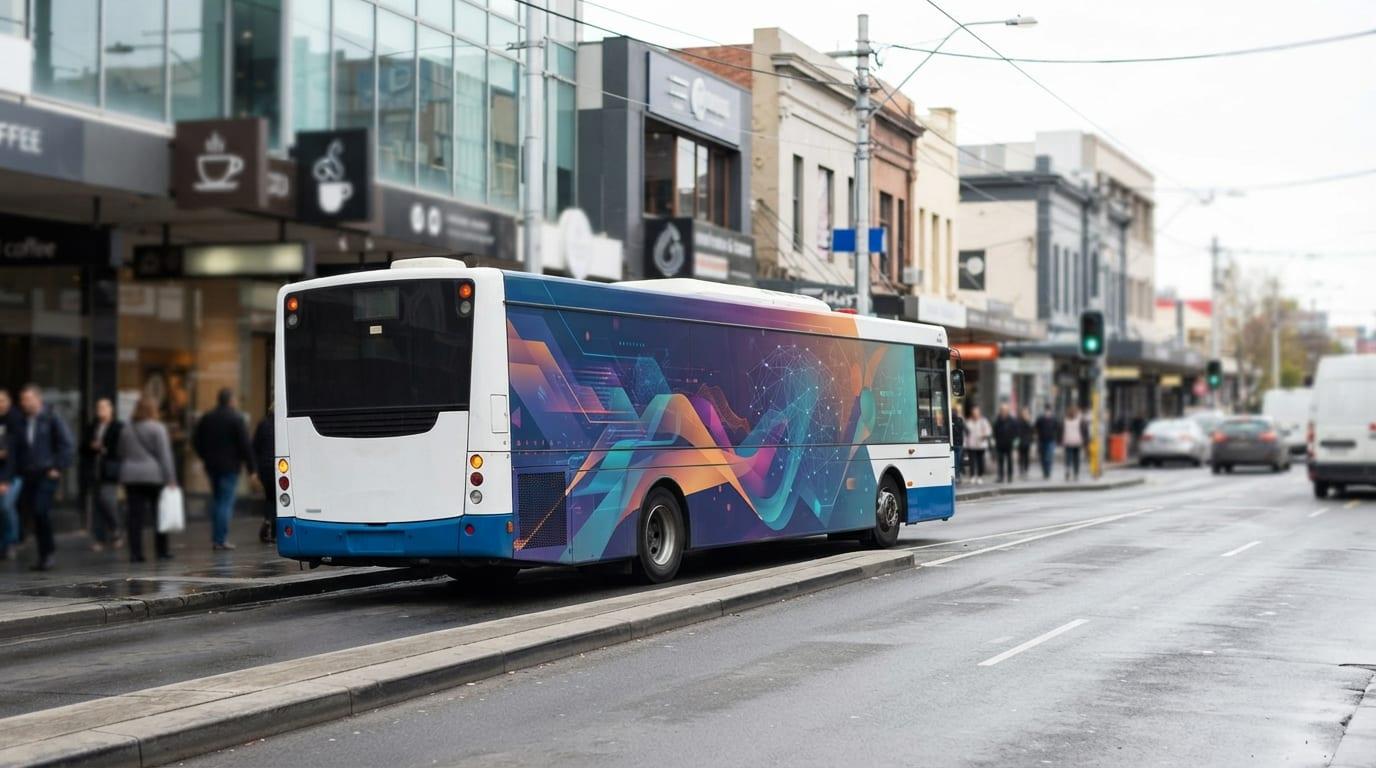 A city bus carrying a full-side advertising wrap on a busy street