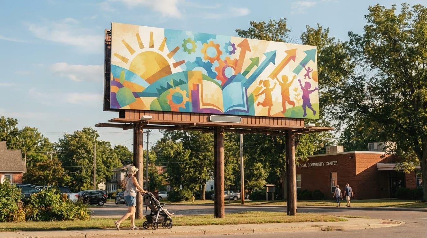 National billboard campaign image featuring Darryl DMC McDaniels and Idina Menzel supporting summer learning