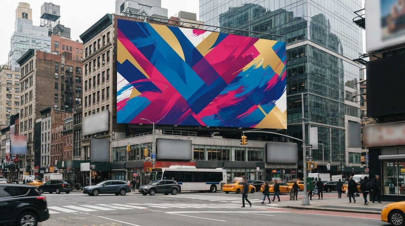 A large-format printed billboard carrying bold abstract artwork above a city street