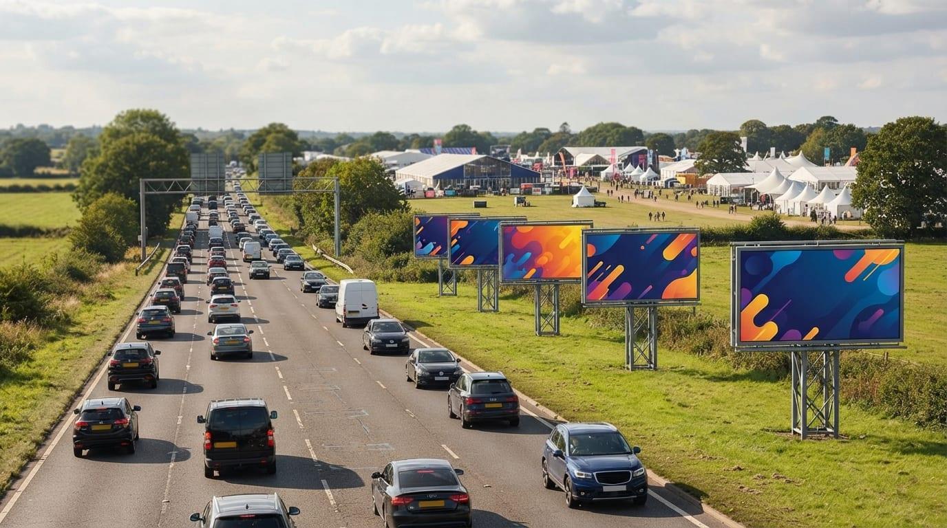 Roadside billboards on the approach road to an outdoor festival site