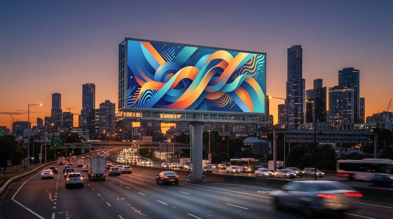 A large digital bulletin billboard beside an urban motorway at sunset