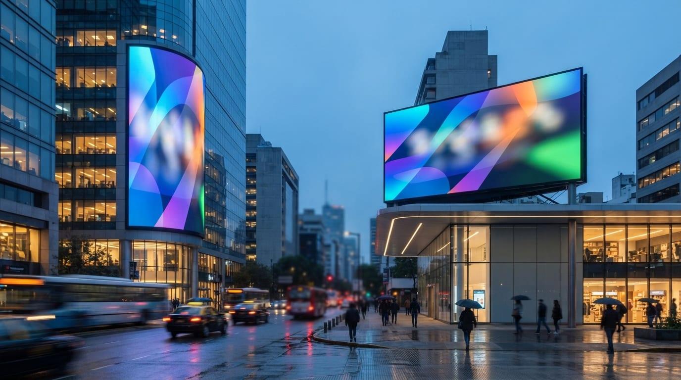 Premium digital billboards in a city environment at blue hour