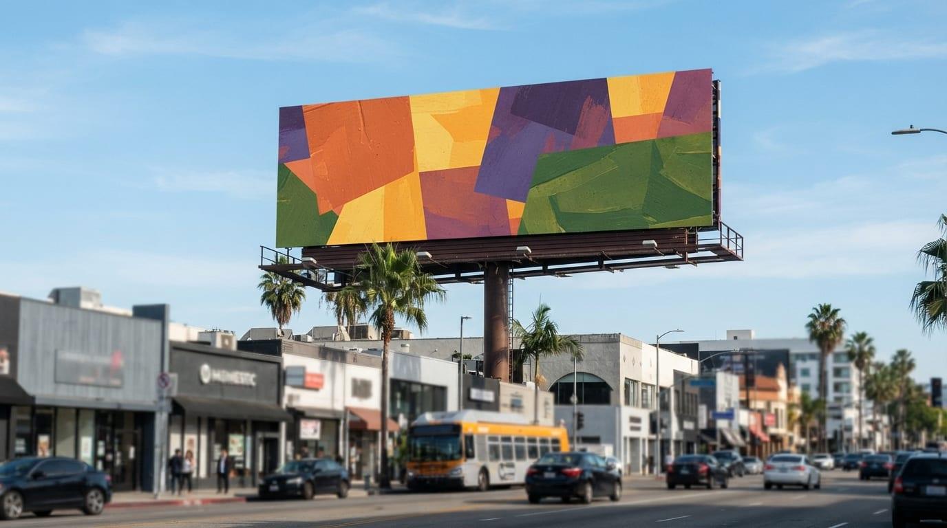 A large-format printed billboard carrying bold abstract artwork above a city street