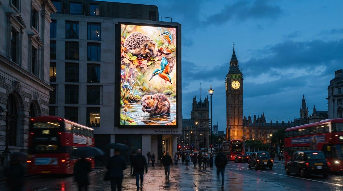 London Wildlife Trust campaign on an Ocean Outdoor screen featuring urban wildlife imagery