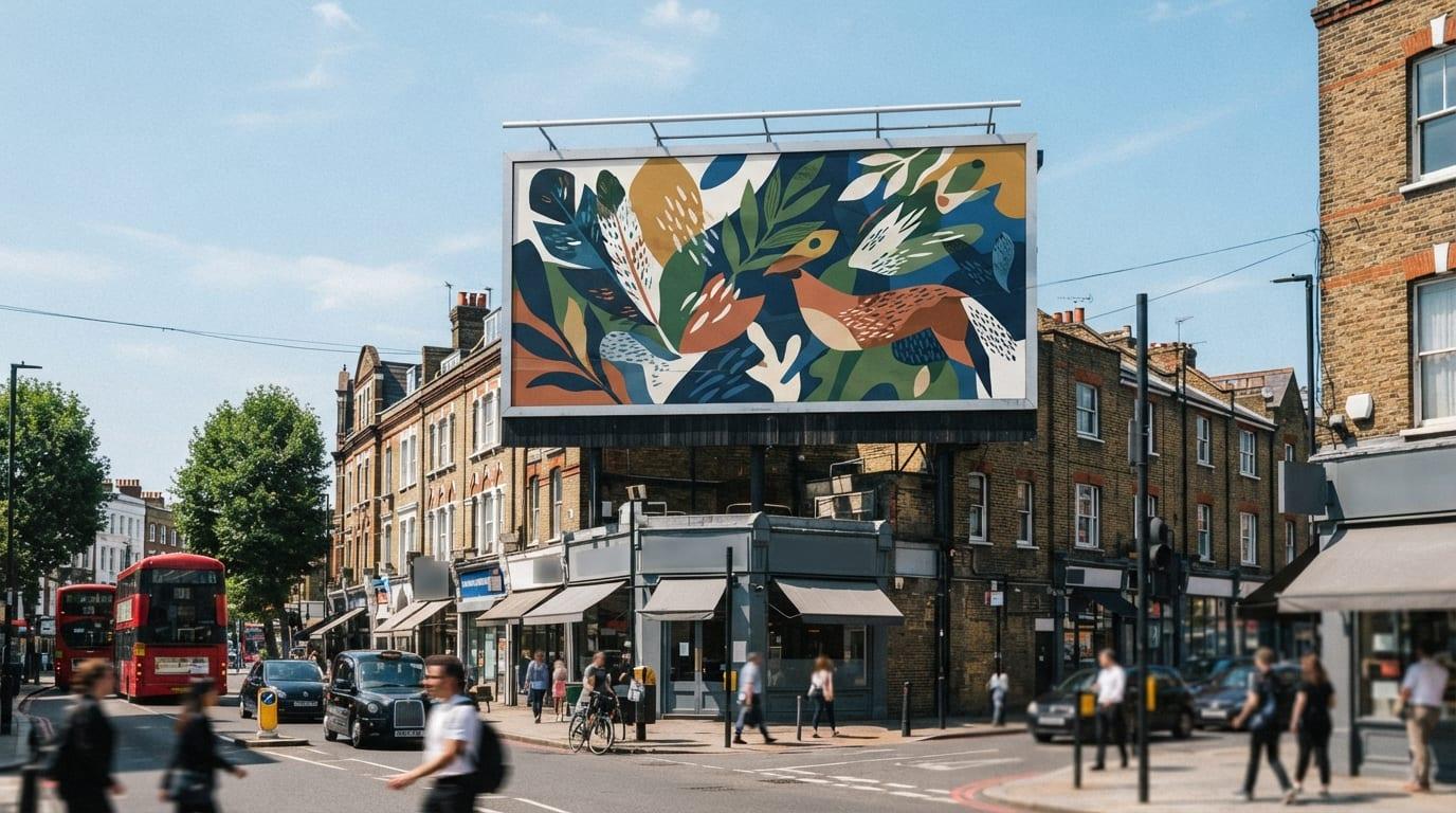 A large-format printed billboard carrying bold abstract artwork above a city street