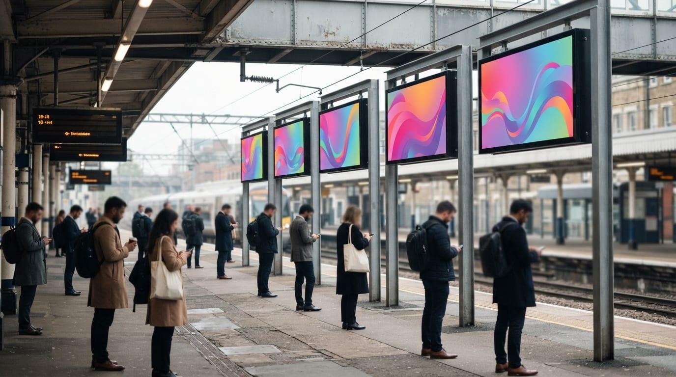 Digital advertising screens on a busy commuter rail platform