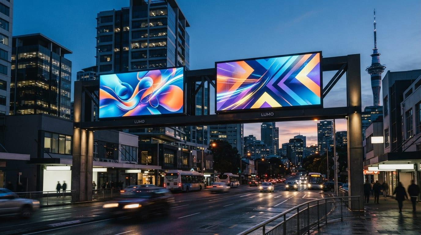 Premium digital billboards in a city environment at blue hour
