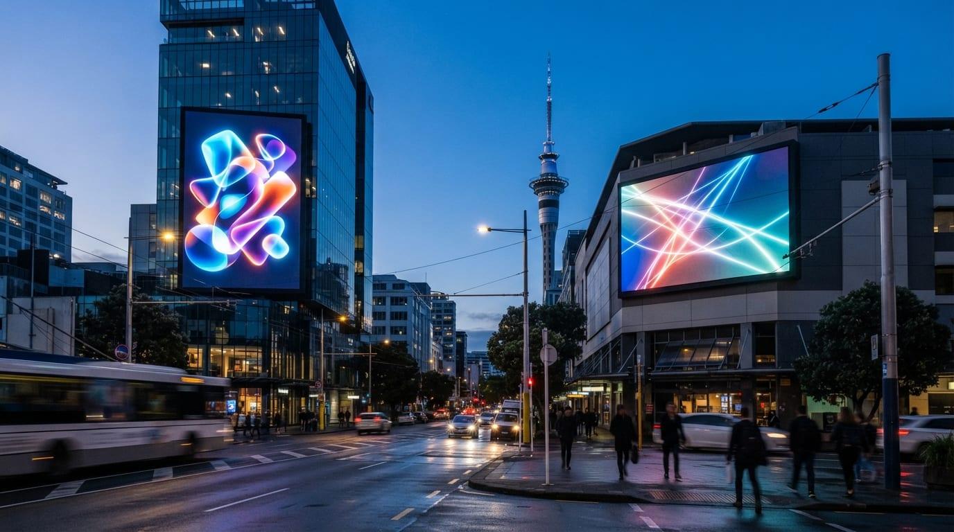 Premium digital billboards in a city environment at blue hour