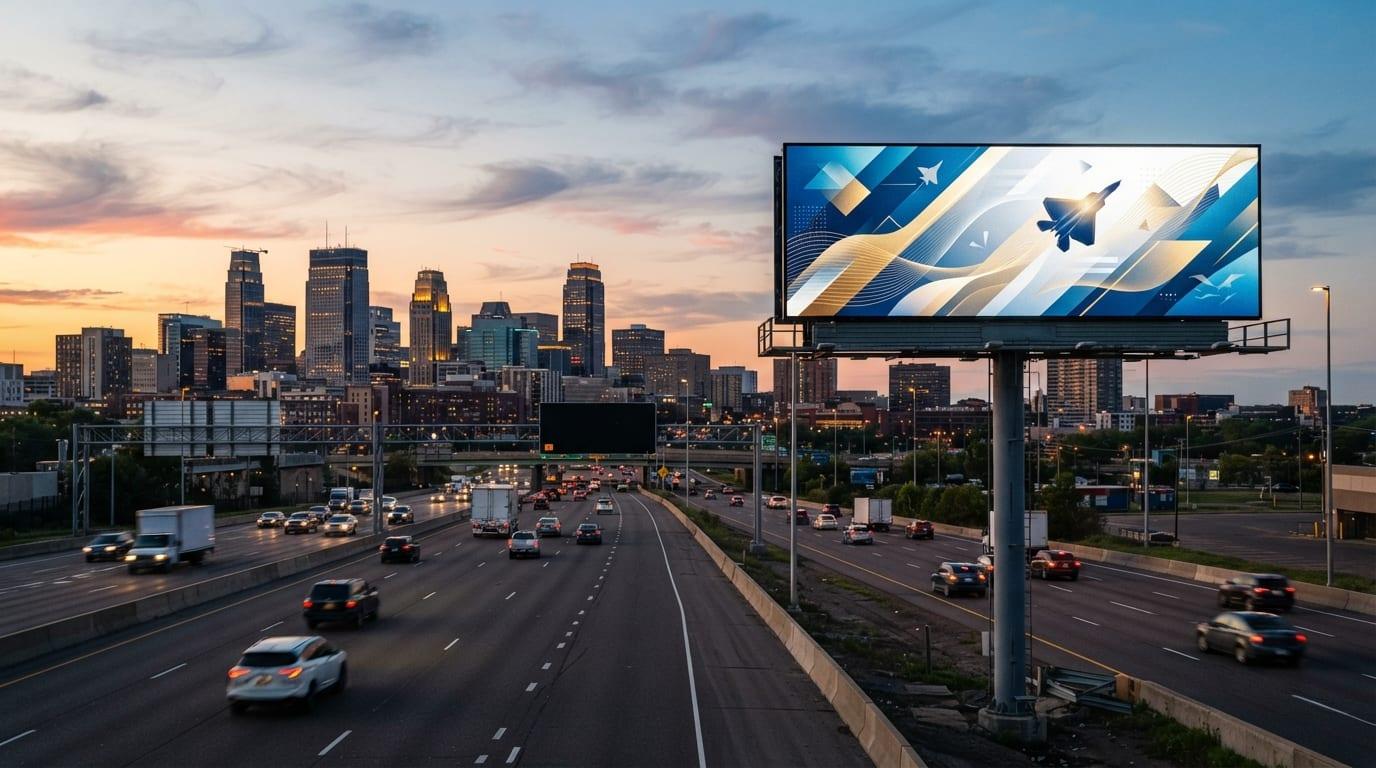 A large digital bulletin billboard beside an urban motorway at sunset