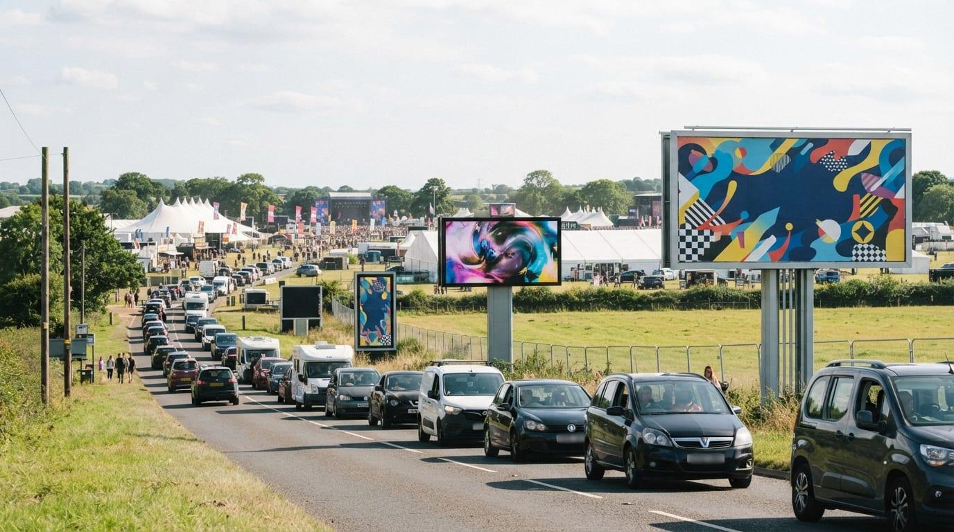 Roadside billboards on the approach road to an outdoor festival site