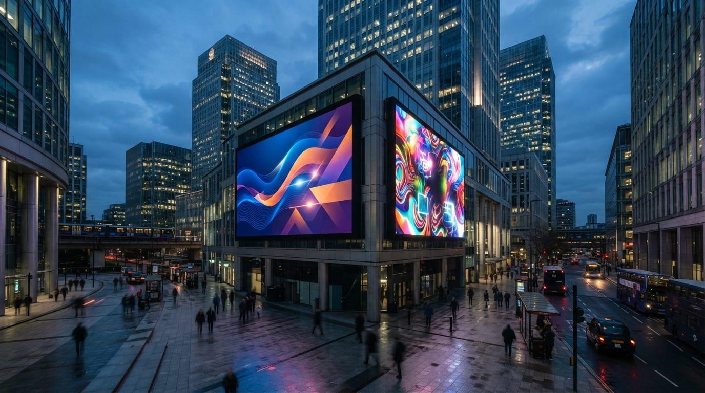 Premium digital billboards in a city environment at blue hour
