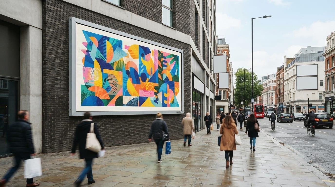 A large printed poster billboard carrying bold artwork on a city wall