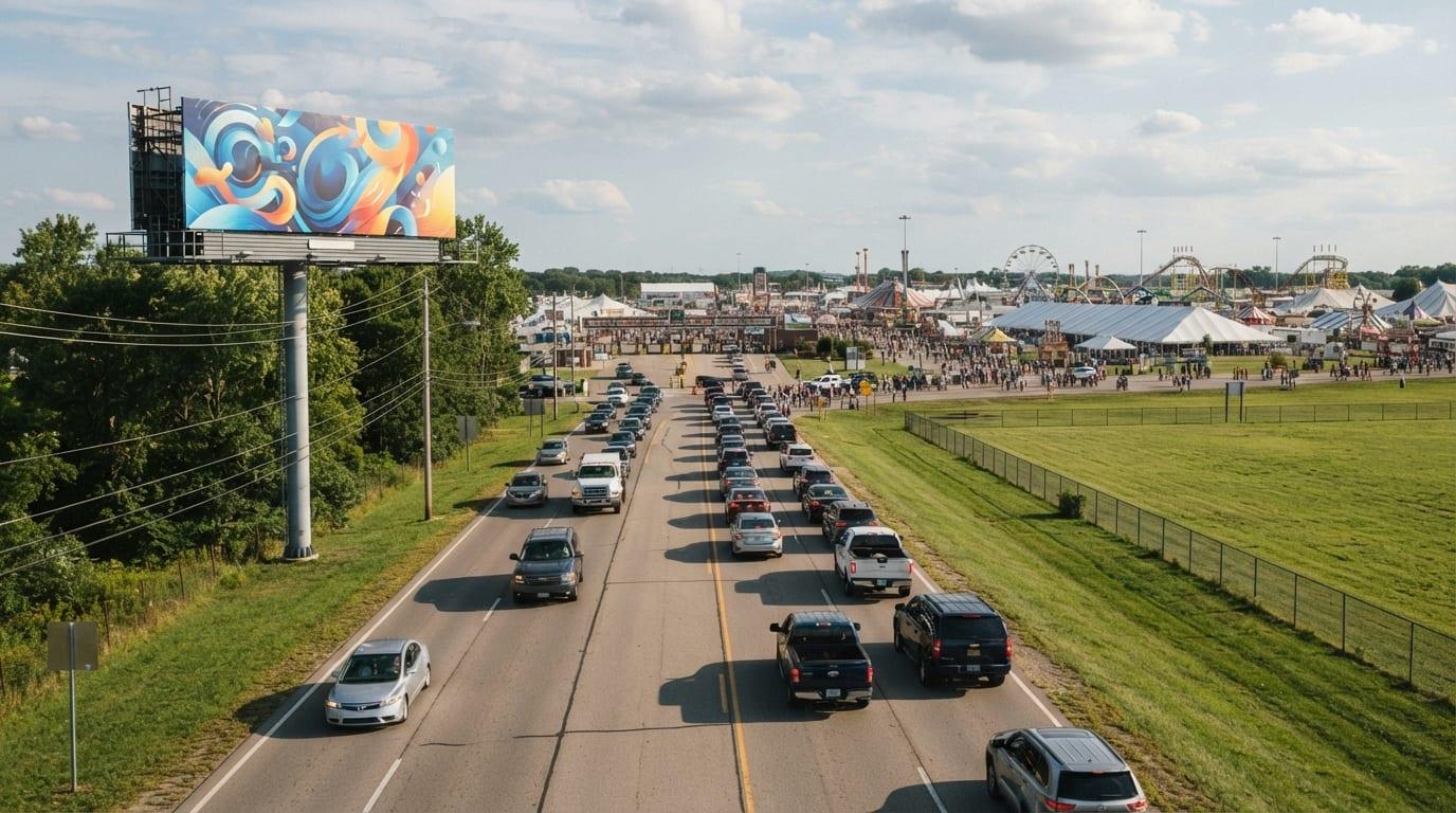 Roadside billboards on the approach road to an outdoor festival site