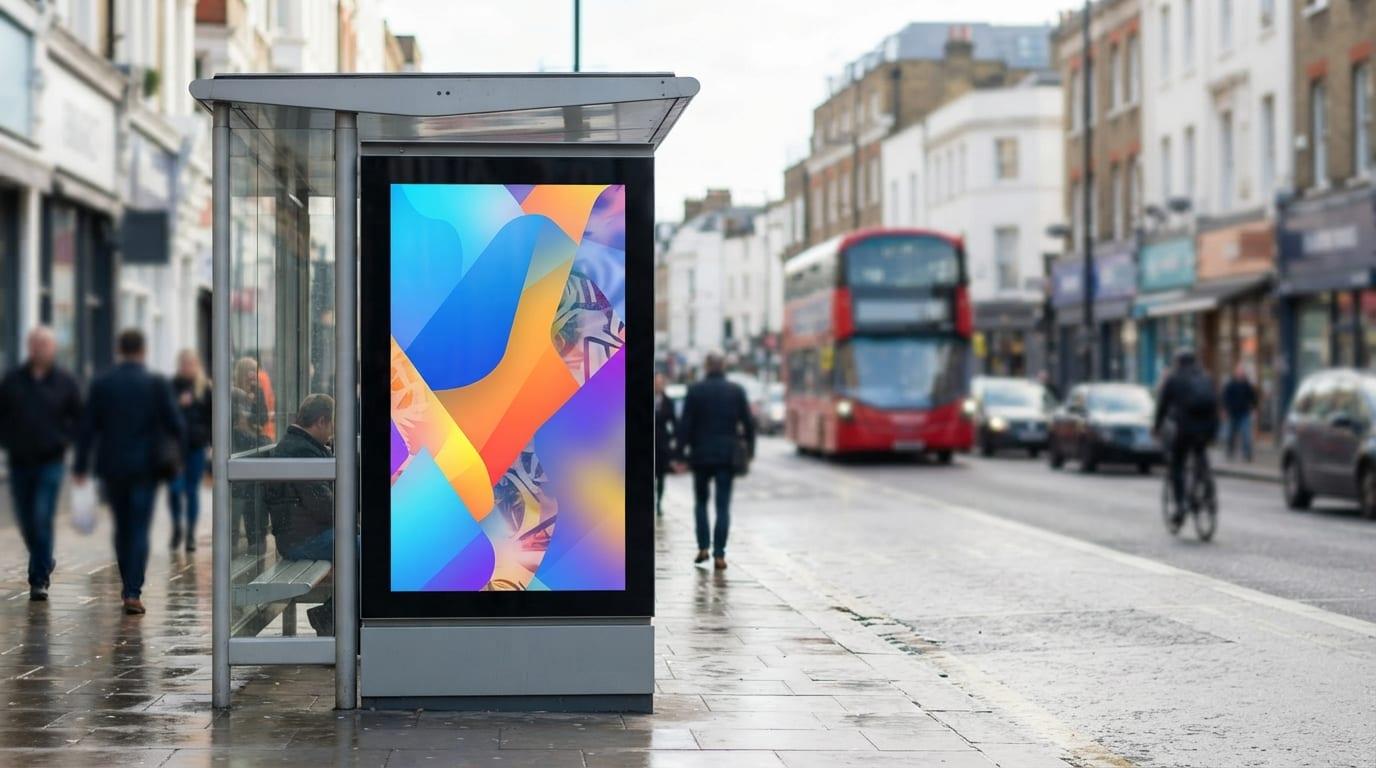 A digital six-sheet advertising screen in a bus shelter on a busy high street
