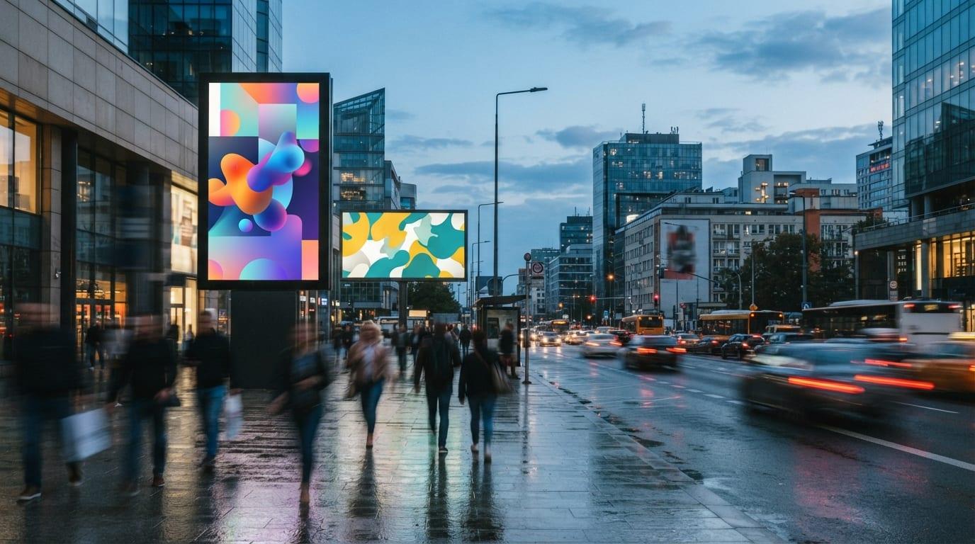 Digital out-of-home screens on a city street with blurred pedestrian movement