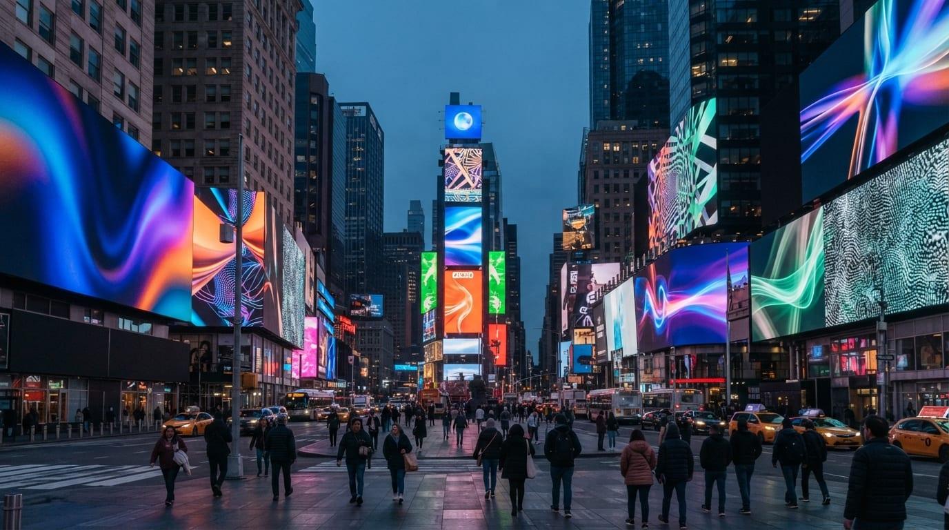 Illuminated digital advertising screens above a busy city square at dusk