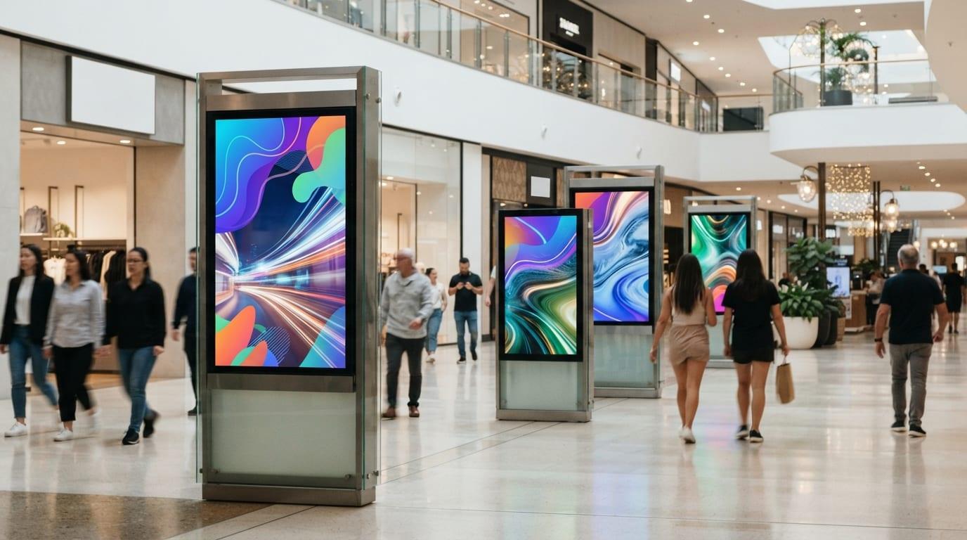 Digital advertising screens inside a bright shopping mall concourse