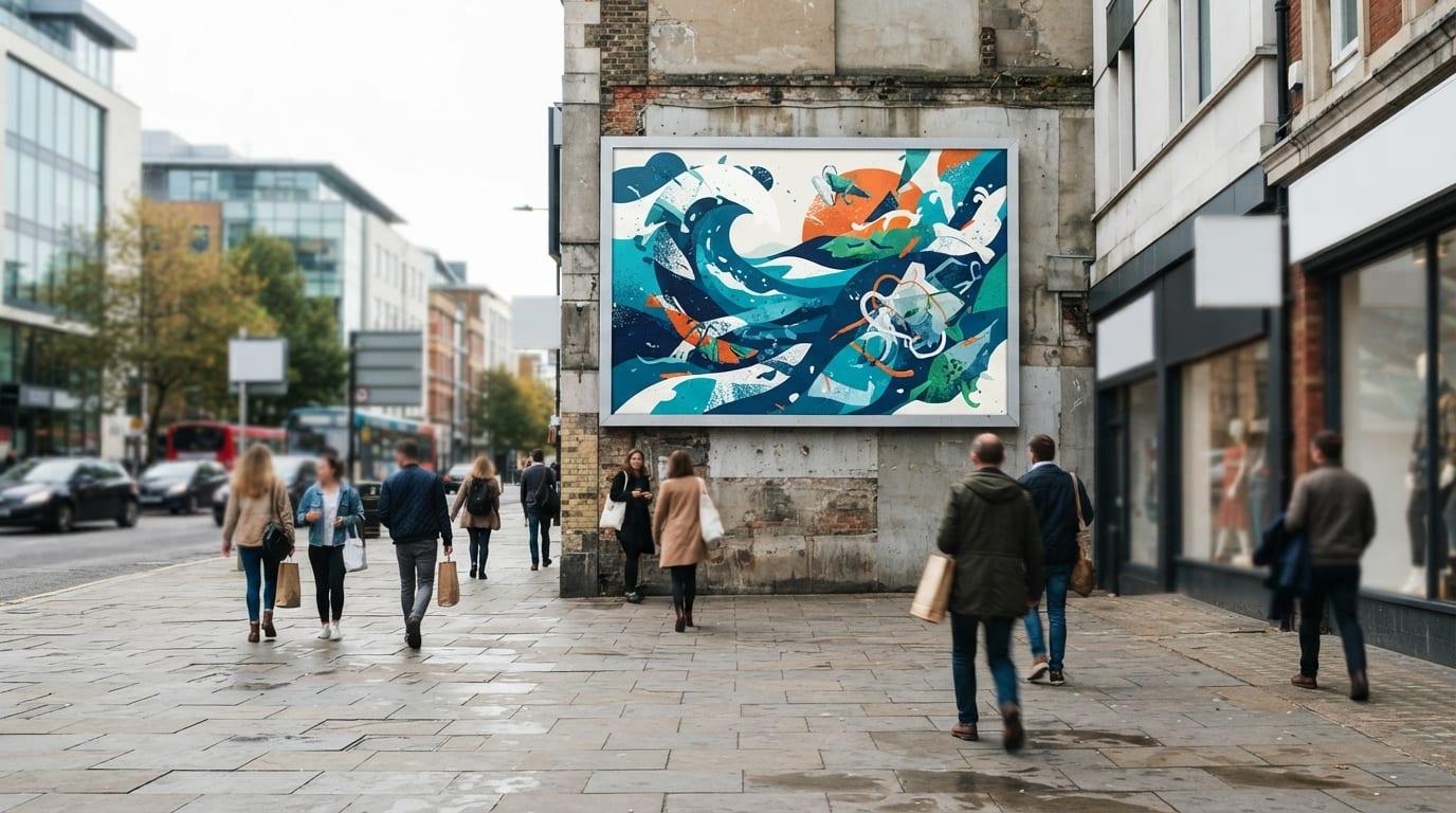 A large printed poster billboard carrying bold artwork on a city wall