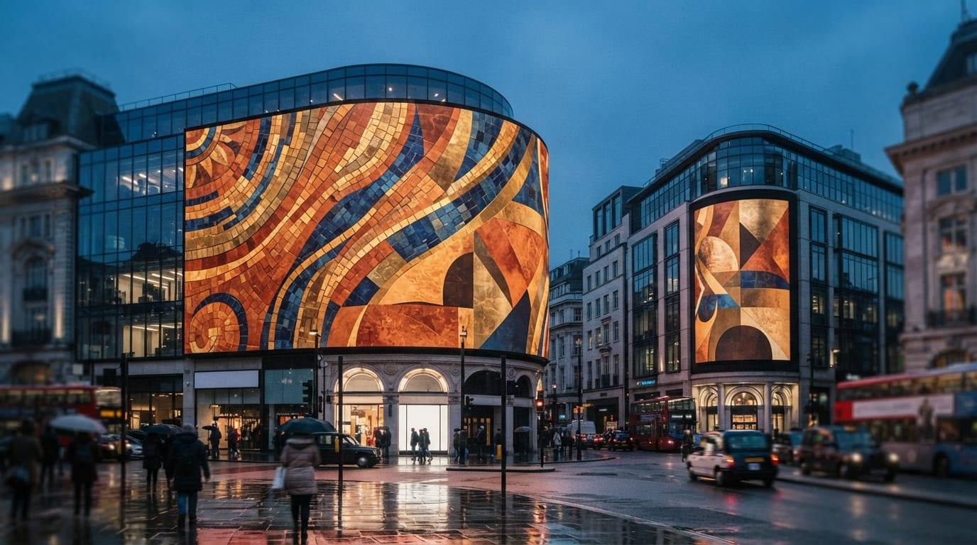 Premium digital billboards in a city environment at blue hour