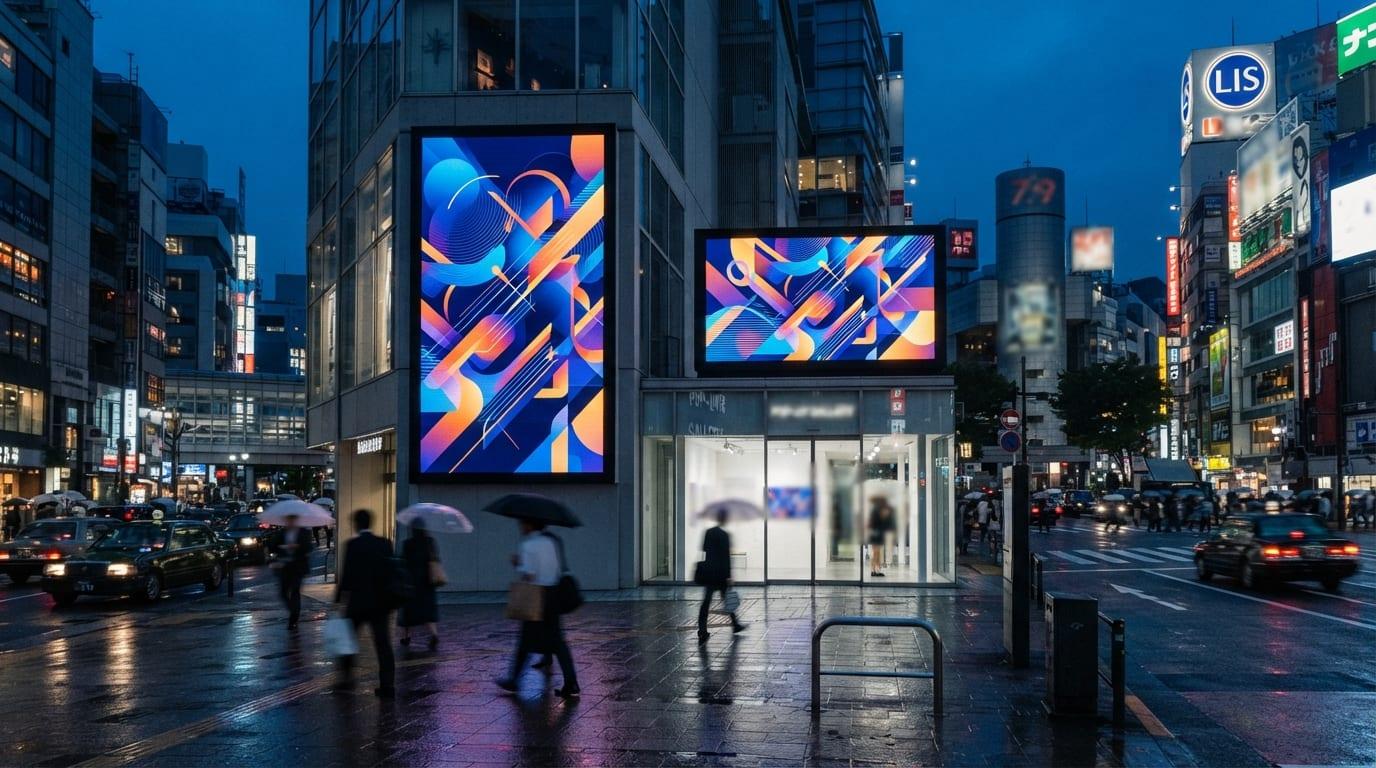 Premium digital billboards in a city environment at blue hour