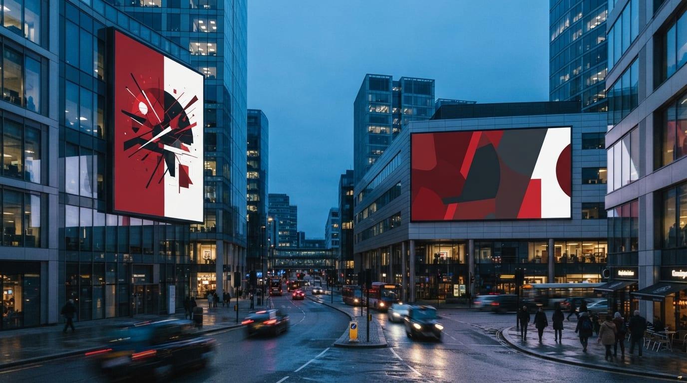 Premium digital billboards in a city environment at blue hour