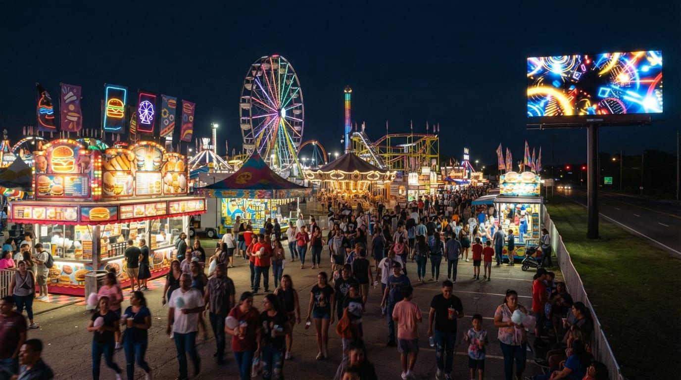 Nighttime Wisconsin State Fair midway lights and crowds in West Allis