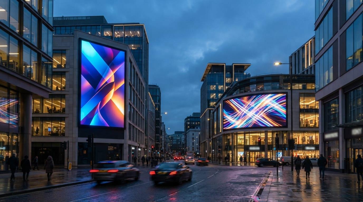 Premium digital billboards in a city environment at blue hour
