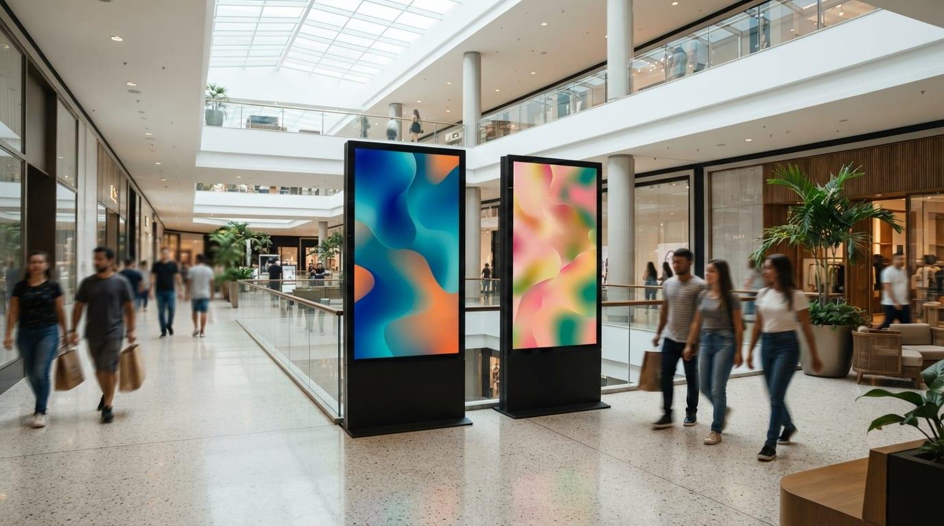 Digital advertising screens inside a bright shopping mall concourse