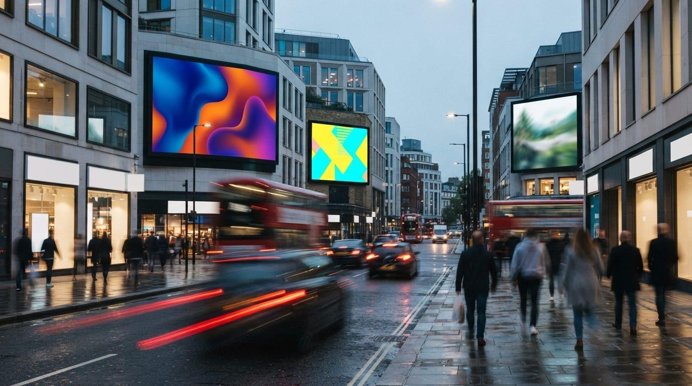 Digital out-of-home screens on a city street with blurred pedestrian movement