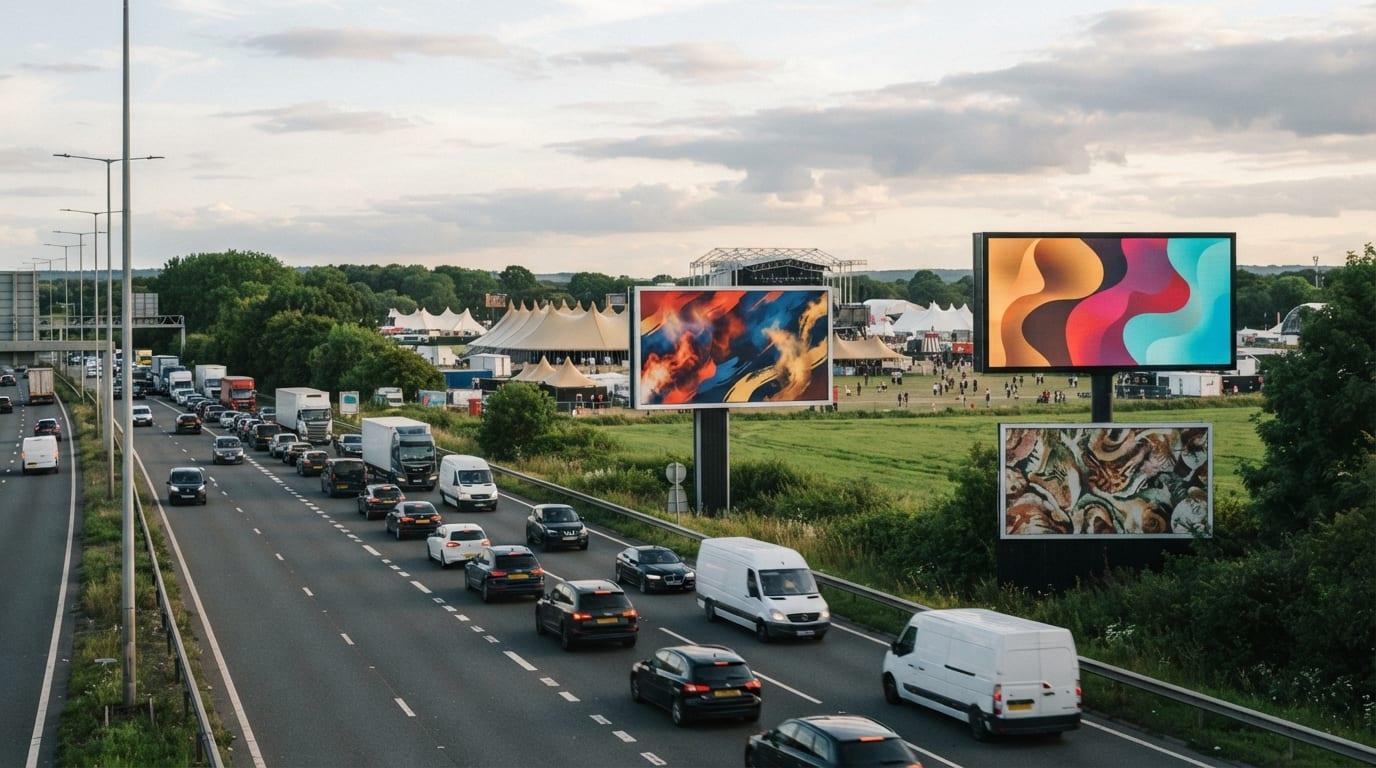 Roadside billboards on the approach road to an outdoor festival site