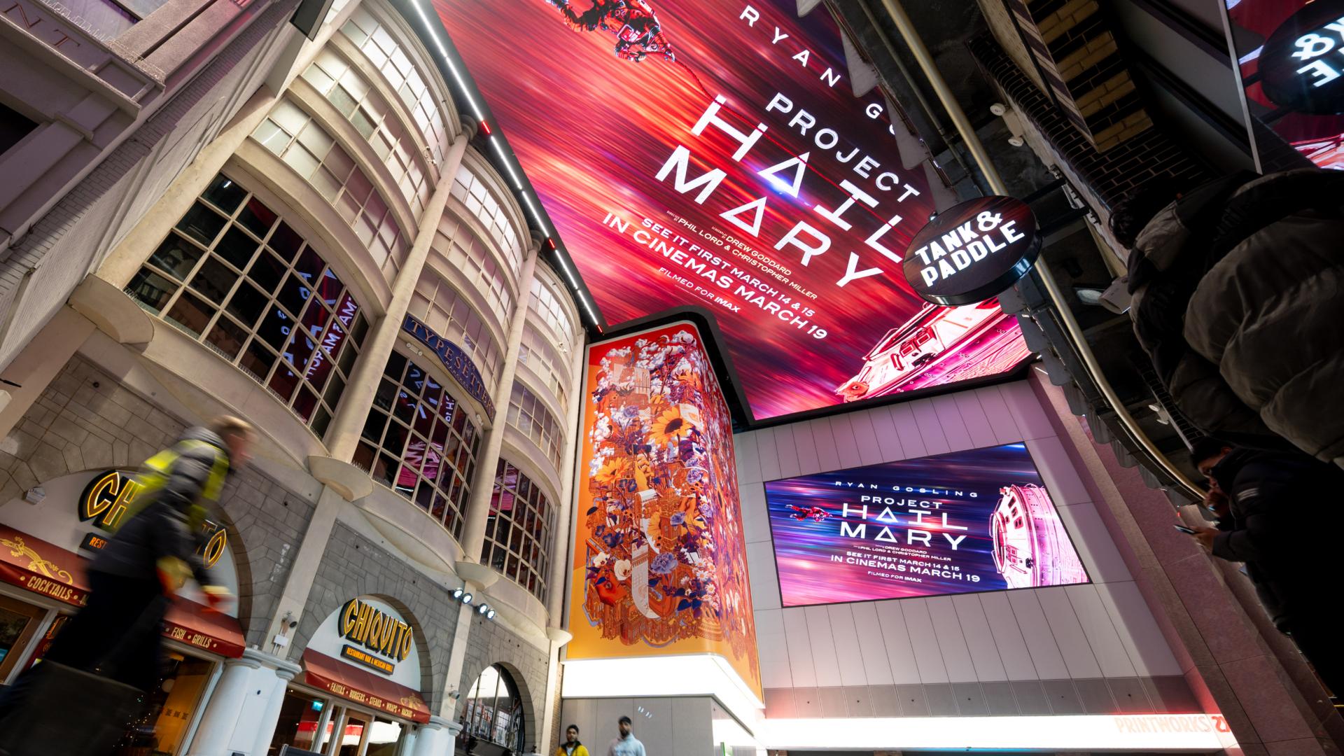 Printworks SkyLights digital ceiling displaying a campaign above the internal walkway at Printworks Manchester