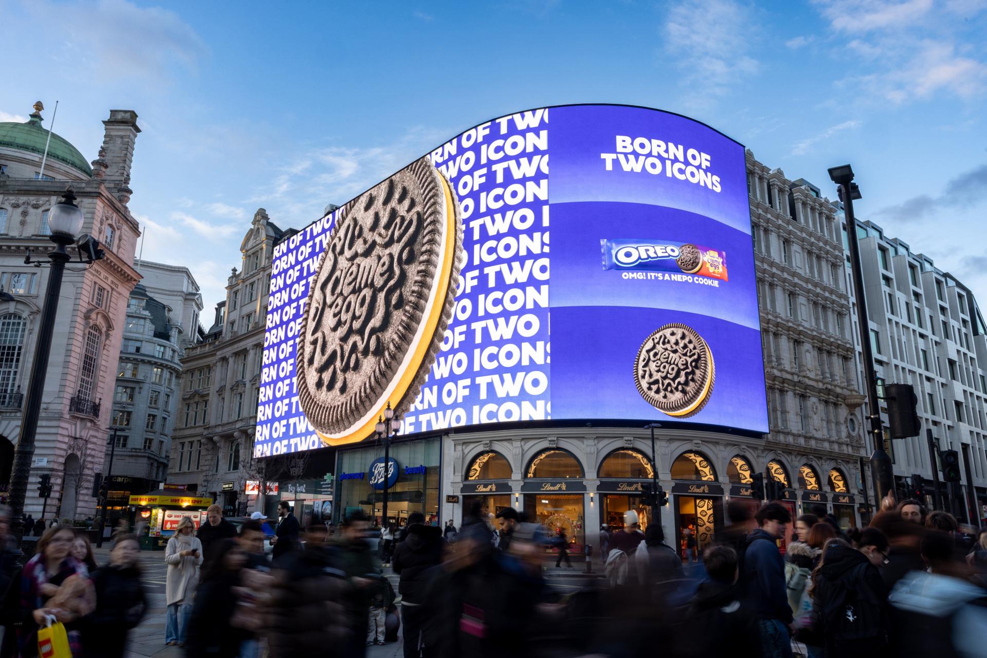 OREO advertising displayed across Piccadilly Lights at Piccadilly Circus in 2026