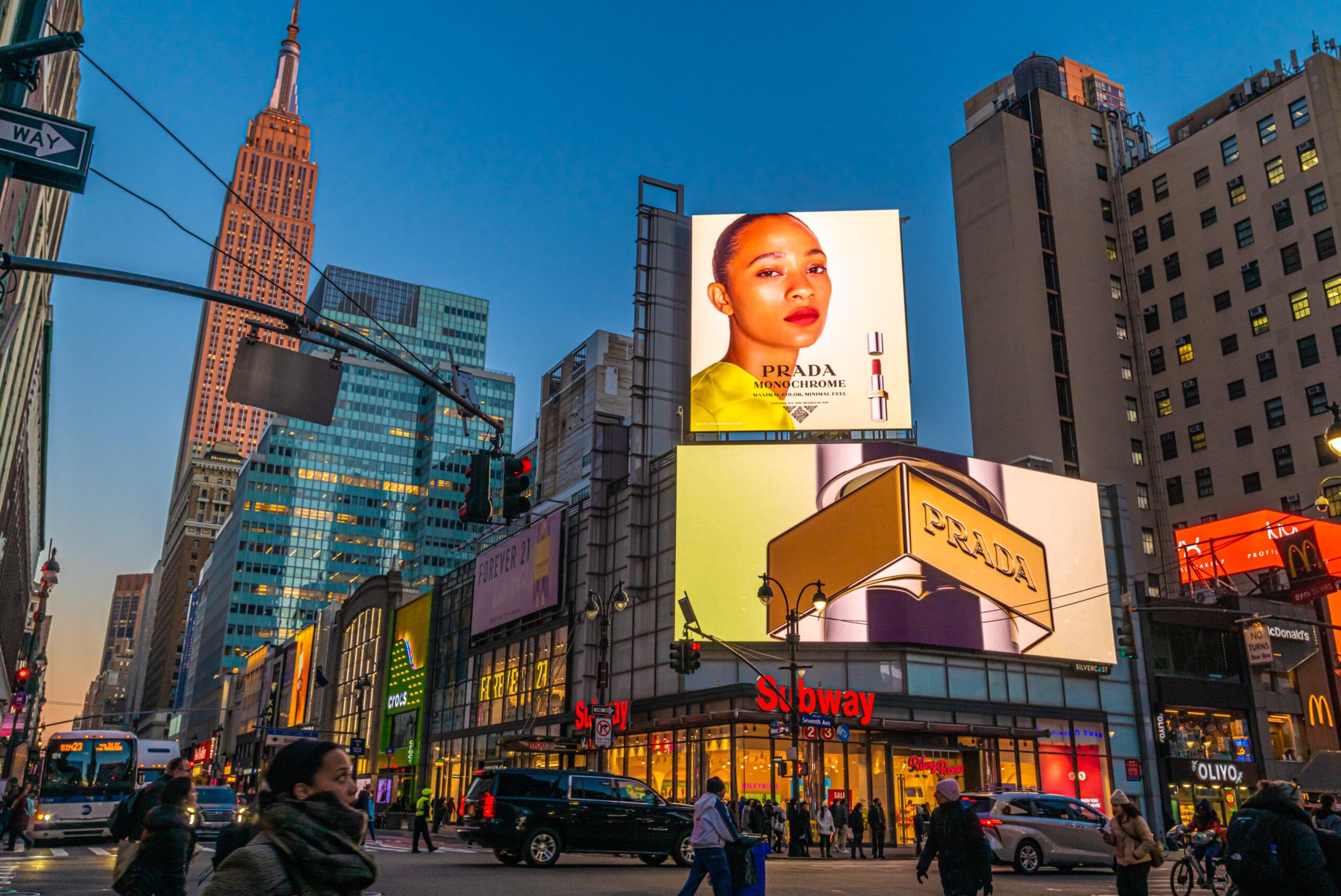 Prada campaign on the Penn District Digital Gateway at West 34th Street and Seventh Avenue in New York City